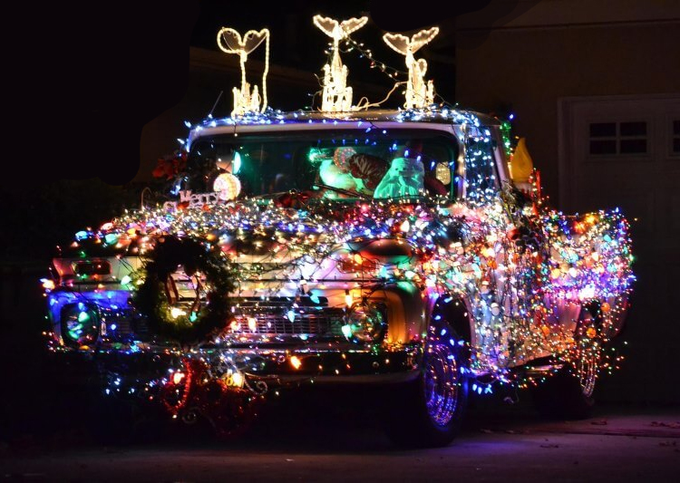 excessively decorated christmas car