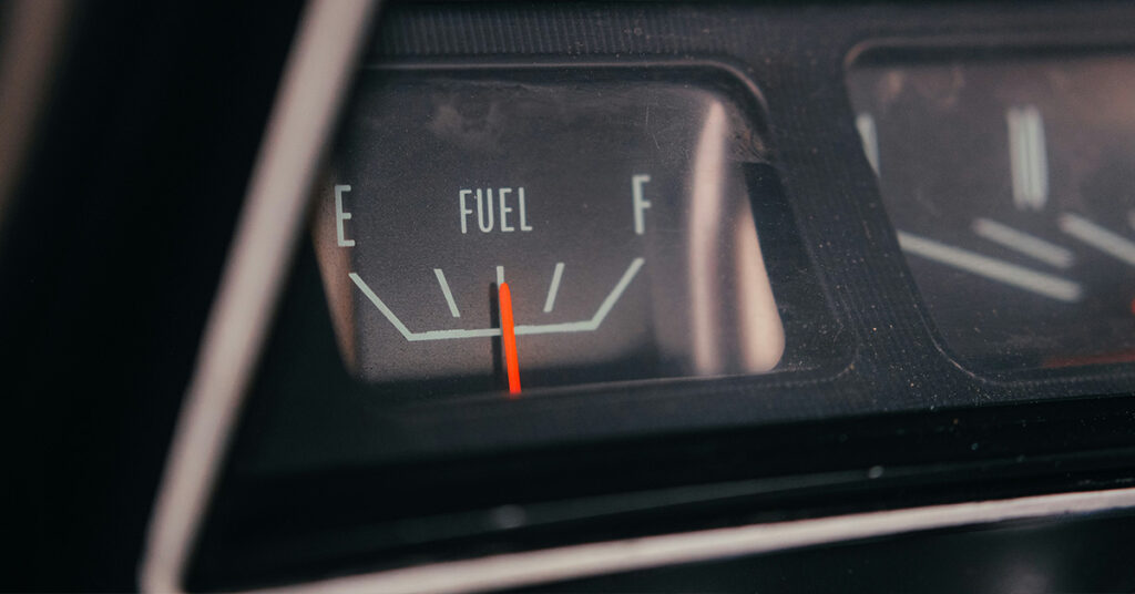 Image from the iinside of a van showing how much fuel is left in the vehicle.
